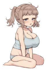  1girl arms_between_legs bare_arms bare_legs bare_shoulders barefoot blue_camisole blue_eyes blue_panties blunt_bangs breasts brown_hair bursting_breasts camisole cleavage crop_top female_focus from_side full_body groin half-closed_eyes highres huge_breasts large_breasts light_blush loli looking_afar medium_hair messy_hair midriff mole mole_under_eye no_pants open_mouth oppai_loli original panties ponytail sho_(wnmf3234) sidelocks simple_background sitting solo sweat underwear white_background 