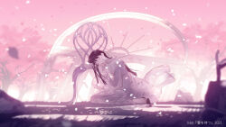  1girl 2021 ajimita arch black_hair blurry blurry_foreground broken_window chair cherry_blossoms closed_eyes closed_mouth day dress falling_petals flats grass long_dress long_hair lying on_side original outdoors petals pink_sky pink_theme puddle sky solo tree white_dress 