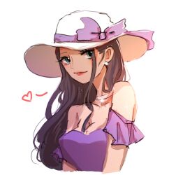  1girl black_hair blue_eyes commentary dress duckprotector26 earrings english_commentary hat heart jewelry long_hair looking_at_viewer nico_robin one_piece purple_dress purple_ribbon red_lips ribbon sidelocks simple_background smile solo upper_body white_background white_hat  rating:General score:4 user:danbooru