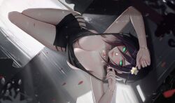  1girl black_hair breasts chainsaw_man downblouse flower green_eyes highres jewelry looking_at_viewer lying neo_(neorarty3) on_back purple_hair reze_(chainsaw_man) short_hair thighs  rating:Sensitive score:32 user:danbooru