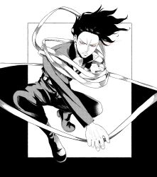  1boy 2elu2 bags_under_eyes boku_no_hero_academia collarbone eraser_head_(boku_no_hero_academia) eye_trail facial_hair facial_scar forehead full_body greyscale highres jumpsuit light_trail long_scarf looking_at_viewer male_focus messy_hair monochrome mustache scar scar_on_cheek scar_on_face scarf shoes solo sparse_stubble squatting 