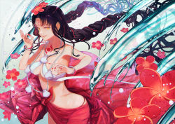 1girl bead_necklace beads bikini black_hair bracelet braid breasts chest_tattoo commentary_request cowboy_shot facial_mark fate/grand_order fate_(series) flower forehead_mark forehead_tattoo hair_flower hair_ornament halo halo_behind_head halterneck highres jewelry long_hair looking_at_viewer medium_breasts mudra multicolored_hair nail_polish necklace parted_bangs parted_lips pearl_bracelet pearl_necklace pink_flower pink_hair pink_nails pink_sarong seashell sessyoin_kiara sessyoin_kiara_(swimsuit_mooncancer) sessyoin_kiara_(swimsuit_mooncancer)_(first_ascension) shell shell_necklace sidelocks smile solo streaked_hair swimsuit tattoo teeth twin_braids twitter_username very_long_hair vitarka_mudra water white_bikini xero yellow_eyes