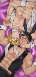  2boys abs alternate_costume animal_ears ao_isami bara bare_pectorals black_hair blonde_hair blush bow bowtie chippendales couple cowboy_shot dmp221190800 facial_hair fake_animal_ears from_above hand_on_another&#039;s_cheek hand_on_another&#039;s_face highres large_pectorals lewis_smith male_focus male_playboy_bunny multiple_boys muscular muscular_male navel pectorals rabbit_ears rotational_symmetry short_hair sideburns_stubble smile stomach stubble thick_eyebrows wrist_cuffs yaoi yuuki_bakuhatsu_bang_bravern 