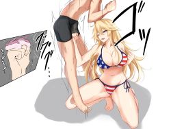  1boy 1girl ;d american_flag_bikini american_flag_print ball_busting bare_arms bare_legs bare_shoulders barefoot bdsm bikini black_shorts blonde_hair breasts cbt commentary_request femdom flag_print groin hair_between_eyes head_out_of_frame hetero highres iowa_(kancolle) kantai_collection large_breasts long_hair navel one_eye_closed open_mouth print_bikini punching purple_eyes shorts side-tie_bikini_bottom simple_background smile star-shaped_pupils star_(symbol) stomach swimsuit symbol-shaped_pupils thighs topless_male very_long_hair watarase_piro white_background  rating:Explicit score:63 user:danbooru