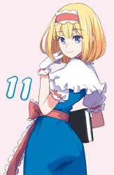 1girl alice_margatroid ass blonde_hair blue_dress blue_eyes book capelet dress frilled_hairband frills from_behind gloves hairband highres jack_(wkm74959) looking_at_viewer one-hour_drawing_challenge puffy_short_sleeves puffy_sleeves red_background red_hairband red_ribbon ribbon short_hair short_sleeves simple_background solo touhou white_background white_capelet white_gloves