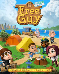  1girl 20th_century_fox 2others 4boys aircraft animal_crossing beach chibi city dated english_text fish fishing_rod free_guy glasses helicopter movie_poster multiple_boys multiple_others nintendo ocean official_art parody ryan_reynolds tent tree_stump 