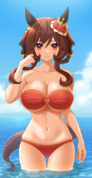 1girl absurdres animal_ears bikini blue_sky breasts brown_hair cleavage commentary_request commission cowboy_shot ear_covers ear_ornament gentildonna_(umamusume) gluteal_fold highres horse_ears horse_girl horse_tail large_breasts looking_at_viewer o-ring o-ring_top red_bikini red_eyes roppaku skeb_commission sky solo standing strapless strapless_bikini swimsuit tail umamusume water 