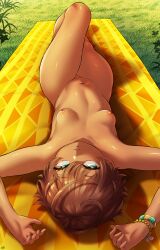  1girl absurdres born-to-die commission commissioner_upload completely_nude dark-skinned_female dark_brown_hair dark_skin exhibitionism female_focus grass highres loli looking_at_viewer lying lying_on_ground meadow nipples nude original outdoors picnic_blanket public_indecency pymarelle short_hair solo sunbathing turquoise_eyes wristband yellow_blanket  rating:Explicit score:323 user:Intensionist
