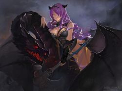  1girl axe breasts camilla_(fire_emblem) cleavage dark_background dragon fire_emblem fire_emblem_fates hair_over_one_eye highres large_breasts lips long_hair looking_at_viewer nintendo parted_lips purple_eyes purple_hair quaanqin riding sidelocks solo thighs tiara vambraces wavy_hair weapon 