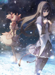 2girls akemi_homura argyle argyle_clothes argyle_legwear arms_behind_back backlighting black_hair black_hairband black_pantyhose boken bubble_skirt crying crying_with_eyes_open dutch_angle facing_away field flat_chest floating floating_hair flower flower_field frilled_skirt frills full_body glowing glowing_flower hairband hands_on_own_chest happy happy_tears kaname_madoka long_hair long_sleeves looking_down mahou_shoujo_madoka_magica mahou_shoujo_madoka_magica_(anime) multiple_girls neck_ribbon night night_sky outdoors pantyhose petals pink_hair puffy_short_sleeves puffy_sleeves purple_eyes purple_skirt red_footwear red_ribbon redame ribbon shirt short_hair short_sleeves short_twintails skirt sky smile soul_gem standing star_(sky) starry_sky tears twintails white_flower white_legwear white_shirt