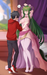  1boy 1girl absurdres arms_up bedroom blush grabbing_another&#039;s_breast breasts dragon_girl dress fire_emblem fire_emblem:_mystery_of_the_emblem grabbing green_eyes green_hair groping groping_breast heels highres jewelry large_breasts long_hair long_legs long_skirt moaning nagi_(fire_emblem) navel nintendo open_mouth pink_dress pointy_ears sakotach sash see-through see-through_dress skirt thighhighs tiara  rating:Questionable score:29 user:TM07san