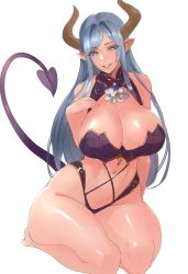 1girl bare_shoulders blue_eyes blue_hair breasts brooch damegane demon_girl demon_horns demon_tail highres horns huge_breasts jewelry long_hair looking_at_viewer matching_hair/eyes navel original pointy_ears revealing_clothes sketch smile solo tail thick_thighs thighs white_background rating:Questionable score:64 user:danbooru