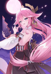  1girl absurdres animal_ears bare_back bare_shoulders commentary_request detached_sleeves earrings floppy_ears fox_ears genshin_impact hand_fan highres holding holding_fan hyoin japanese_clothes jewelry long_hair looking_at_viewer moon nontraditional_miko parted_lips pink_hair purple_eyes smile solo upper_body wide_sleeves yae_miko 