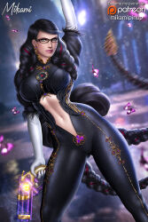  1girl arm_up artist_name bayonetta bayonetta_(series) bayonetta_3 black-framed_eyewear black_hair blue_eyes bodysuit braid breasts bug butterfly clothing_cutout commentary earrings elbow_gloves english_commentary eyeshadow glasses gloves gluteal_fold gun highres holding holding_gun holding_weapon insect jewelry large_breasts lips long_hair looking_at_viewer makeup mikamipinup mole mole_under_mouth motion_blur multicolored_hair navel navel_cutout solo streaked_hair twin_braids two-tone_hair very_long_hair watermark weapon web_address white_gloves 