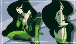  1girl absurdres ass bare_shoulders biting_own_lip black_gloves black_hair black_lips blush bodysuit bra breasts center_opening cleavage from_behind gloves green_bodysuit green_eyes highres inker_comics kim_possible_(series) large_breasts long_hair looking_at_viewer looking_back multicolored_bodysuit multicolored_clothes navel no_bra open_clothes panties partially_undressed shego spread_legs underwear undressing zipper 