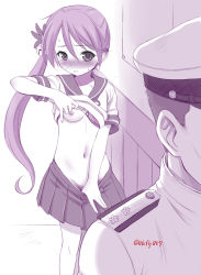  1boy 1girl admiral_(kancolle) akebono_(kancolle) bell blush bra bra_lift breasts clothes_pull ebifly exhibitionism groin hair_bell hair_between_eyes hair_ornament hat indoors jingle_bell kantai_collection lifted_by_self long_hair looking_at_another military military_hat military_uniform monochrome navel nipples nose_blush one_breast_out panties panty_pull parted_lips pleated_skirt public_indecency pulled_by_self sailor_collar school_uniform serafuku shirt short_sleeves side_ponytail skirt skirt_pull small_breasts standing sweat sweatdrop twitter_username underwear uniform very_long_hair  rating:Questionable score:23 user:danbooru