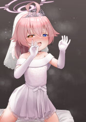  1girl absurdres ahoge bed_sheet blue_archive blue_eyes blush cal_18minutes choker collarbone commentary_request dress elbow_gloves fang fellatio_gesture flat_chest gloves hair_between_eyes halo heart heart-shaped_pupils heterochromia highres hoshino_(blue_archive) kneeling loli long_hair open_mouth pink_hair pink_halo smile symbol-shaped_pupils tiara white_choker white_dress white_gloves yellow_eyes 