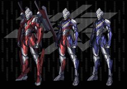  3boys 3ok alien alternate_universe armor armored_boots blue_bodysuit bodysuit boots breastplate clenched_hand clenched_hands coat fingerless_gloves gauntlets gloves glowing glowing_eyes highres jacket leg_armor male_focus multiple_boys no_humans open_clothes open_hand open_jacket pauldrons power_type_(ultra_series) red_bodysuit rocket_launcher shoulder_armor shoulder_cannon shoulder_pads single_fingerless_glove skin_tight sky_type_(ultra_series) standing tokusatsu ultra_series ultraman_(hero&#039;s_comics) ultraman_suit ultraman_tiga ultraman_tiga_(series) weapon white_gloves wings yellow_eyes 