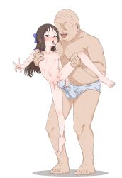  1boy 1girl absurdres after_kiss age_difference arunemu bandaid bandaid_on_pussy bow brown_eyes brown_hair bulge crotch_grab faceless faceless_male flat_chest hair_bow hetero highres idolmaster idolmaster_cinderella_girls idolmaster_cinderella_girls_u149 leg_grab lifting_person loli male_underwear nipples saliva saliva_trail simple_background tachibana_arisu tongue tongue_out topless ugly_man underwear v white_background 