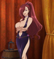  1girl arms_under_breasts breasts center_opening choker cleavage dress earrings hair_over_one_eye highres isekai_maou_to_shoukan_shoujo_no_dorei_majutsu jewelry kaneko_shizue large_breasts lipstick long_hair makeup medios navel ponytail purple_dress purple_eyes red_hair revealing_clothes side_slit solo stitched third-party_edit 