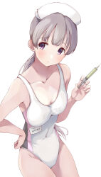  1girl absurdres bare_legs bare_shoulders blush breasts cleavage collarbone commentary_request competition_swimsuit grey_hair groin hat highres holding holding_syringe idolmaster idolmaster_shiny_colors kuroba_aki long_hair looking_to_the_side medium_breasts name_tag nurse_cap one-piece_swimsuit ponytail purple_eyes simple_background solo swimsuit syringe white_background yukoku_kiriko 