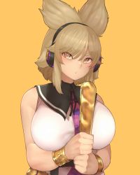  1girl bare_shoulders bracelet breasts brown_eyes commentary_request earmuffs highres holding holding_stick jewelry large_breasts light_brown_hair looking_at_viewer orange_background pointy_hair ritual_baton sekiyu_(spartan) short_hair simple_background solo stick thick_eyebrows touhou toyosatomimi_no_miko upper_body v-shaped_eyebrows 