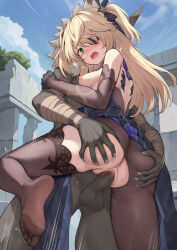  1boy 1girl anus ass ass_grab bat_ornament black_gloves black_thighhighs blonde_hair blue_sky blush breasts breasts_out brown_sleeves censored cloud commentary_request detached_sleeves eyepatch fischl_(genshin_impact) genshin_impact gloves green_eyes hair_over_one_eye hetero highres hilichurl_(genshin_impact) interspecies leg_lift long_hair medium_breasts mosaic_censoring motion_lines nipples open_mouth osanai_shiina outdoors pantyhose penis rape sex single_glove single_leg_pantyhose single_thighhigh sky standing standing_sex sweat thighhighs torn_clothes torn_pantyhose two_side_up vaginal  rating:Explicit score:196 user:danbooru