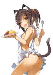 1girl animal_ears apron ass black_hair breasts cat_ears cat_tail cowboy_shot food from_behind hair_ornament looking_at_viewer naked_apron one_eye_closed open_mouth original plate ponytail simple_background small_breasts smile solo spoon tail white_background x_hair_ornament yanagi_yuu yellow_eyes rating:Questionable score:26 user:danbooru