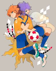  2boys amemiya_taiyou back-to-back ball bare_arms blue_eyes blue_shorts blue_socks clenched_hand closed_mouth cloud collared_shirt full_body grey_background hair_over_shoulder hand_on_own_hip highres inazuma_eleven_(series) inazuma_eleven_go inazuma_eleven_go_chrono_stone kishibe_taiga kneehighs lightning_bolt_print locked_arms long_hair low-tied_long_hair multiple_boys open_mouth orange_hair purple_hair shide shirt shoes shorts simple_background smile sneakers soccer_ball soccer_uniform socks sportswear sun_symbol unagi_(nakaelric) white_footwear yellow_shirt 