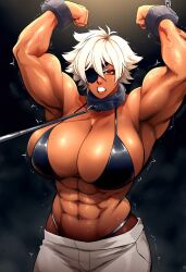  abs angry arms_up bdsm biceps bikini black_bikini bondage bound breasts chain cleavage collar cuffs dark-skinned_female dark_skin debonair_diamond eyepatch highres large_breasts leash leash_pull muscular muscular_female navel obliques red_eyes red_hood_(kawaguchi) restrained scar scars_all_over shackles struggling swimsuit the_hunters_guild tomboy triceps white_hair white_jeans  rating:Explicit score:18 user:JeeJuBean