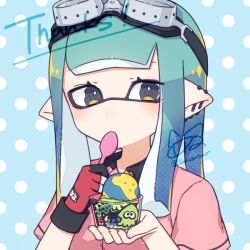  1girl aqua_hair artist_name black_gloves blue_background commentary_request cup fingerless_gloves food gloves goggles goggles_on_head gradient_hair grey_eyes holding holding_cup holding_spoon ice_cream inkling inkling_girl inkling_player_character inuowour long_hair multicolored_hair nintendo pink_shirt pointy_ears polka_dot polka_dot_background red_gloves shirt signature solo splatoon_(series) spoon two-tone_gloves upper_body  rating:General score:1 user:danbooru