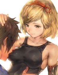  10s 1boy 1girl aos bare_shoulders blonde_hair blush breast_sucking breast_sucking_through_clothes breasts brown_hair couple djeeta_(granblue_fantasy) gran_(granblue_fantasy) granblue_fantasy gunslinger_(granblue_fantasy) hairband hand_on_another&#039;s_head hetero highres medium_breasts ribbon short_hair simple_background smile tank_top through_clothes upper_body white_background yellow_eyes  rating:Questionable score:142 user:danbooru