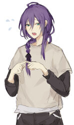 1boy absurdres androgynous aqua_eyes ayase_mayoi black_pants black_shirt brown_shirt ensemble_stars! highres index_fingers_together looking_at_viewer male_focus mole mole_under_mouth open_mouth pants purple_hair sharp_teeth shirt shui_miao sketch solo sweatdrop teeth white_shirt  rating:General score:3 user:danbooru