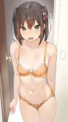 1girl bare_arms bare_shoulders bra breasts brown_eyes brown_hair commentary condom condom_wrapper cowboy_shot highres holding holding_condom indoors kantai_collection looking_at_viewer open_mouth panties sakieko sendai_(kancolle) short_hair small_breasts solo stomach thighs two_side_up underwear yellow_bra yellow_panties rating:Sensitive score:49 user:danbooru