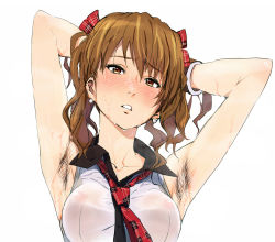1girl armpit_hair armpits arms_up blush breasts brown_eyes brown_hair highres ishii_takamori looking_at_viewer necktie original solo wet white_background rating:Questionable score:83 user:sakuri