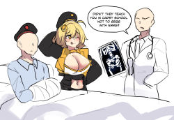  1girl 1koma 2boys ahoge anis_(nikke) arm_behind_head bald bed beret blonde_hair breasts cast cleavage clothing_cutout comic commander_(nikke) commentary doctor english_commentary english_text faceless faceless_male goddess_of_victory:_nikke hair_ornament hat highres hinghoi hospital hospital_bed hospital_gown huge_breasts meme multiple_boys navel navel_cutout seggs_(meme) short_hair simple_background sketch snu-snu solo stethoscope stomach tehepero white_background x-ray_film  rating:Sensitive score:77 user:danbooru