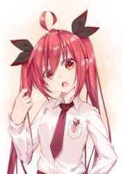1girl :o bad_id bad_pixiv_id collared_shirt commentary_request date_a_live hair_between_eyes hair_ribbon highres itsuka_kotori long_hair long_sleeves mo_(pixiv9929995) necktie red_eyes red_hair red_necktie ribbon shirt solo teeth twintails upper_body upper_teeth_only very_long_hair white_shirt rating:Sensitive score:7 user:danbooru