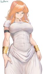  1girl abs absurdres breasts covered_erect_nipples curvy duffmox flamme green_eyes highres large_breasts long_hair mature_female orange_hair smile solo sousou_no_frieren tight_clothes  rating:Explicit score:30 user:HeavenMaid