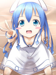 1girl arm_support blue_eyes blue_hair blush blush_stickers bracelet breasts cleavage downblouse dress hat ikamusume jewelry level.21 long_hair looking_at_viewer matching_hair/eyes open_mouth shinryaku!_ikamusume sitting small_breasts smile solo squid_girl squid_hat tentacle_hair v wading water wet wet_clothes wet_dress white_hat