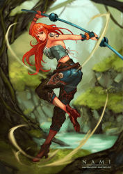  1girl alternate_costume bare_shoulders bayanghitam belt character_name denim female_focus forest full_body grass high_heels jeans lake long_hair nami_(one_piece) nature one_piece orange_eyes orange_hair outdoors pants pirate river running shoes smile solo stream tattoo tree water weapon wind  rating:Sensitive score:70 user:danbooru