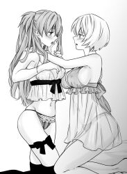  2girls alternate_universe ass ayanami_rei bra breasts camisole chemise curvy expressionless hair_down highres licking_lips long_hair looking_at_another medium_breasts messy_hair micro_panties monochrome multiple_girls n0lilica neon_genesis_evangelion no_bra open_mouth panties shiny_skin short_hair souryuu_asuka_langley teeth thong tongue tongue_out two_side_up underwear underwear_only white_panties wide_hips yuri 