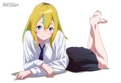  1girl absurdres barefoot black_skirt blonde_hair blue_eyes blue_necktie blush collared_shirt feet feet_up green_hair hair_between_eyes highres long_sleeves looking_at_viewer lying magazine_scan megami_magazine multicolored_hair necktie official_art on_stomach pleated_skirt scan shirt simple_background skirt smile soles solo streaked_hair the_pose toes two-tone_hair white_background white_shirt yamanouchi_kano yoru_no_kurage_wa_oyogenai 