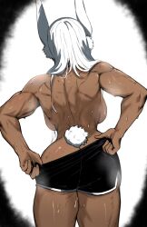  1girl adjusting_clothes adjusting_shorts animal_ears backboob bare_back black_shorts boku_no_hero_academia breasts colorized commentary dark-skinned_female dark_skin english_commentary gonzalocosta888 hair_over_shoulder highres large_breasts long_hair masoq median_furrow mirko muscular muscular_female rabbit_ears rabbit_girl rabbit_tail shorts simple_background solo steaming_body sweat tail thick_thighs thighs third-party_edit topless very_sweaty white_hair 