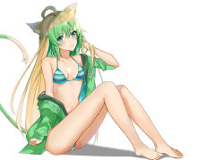  ahoge animal_ears ass atalanta_(fate) bad_id bad_pixiv_id bare_legs bare_shoulders barefoot bikini braid breasts cat_ears cat_tail collarbone commentary_request fate/apocrypha fate/grand_order fate_(series) feet green_bikini green_jacket hair_between_eyes highres jacket long_hair long_sleeves looking_at_viewer navel simple_background small_breasts solo swimsuit tail tsukise_miwa white_background  rating:Sensitive score:18 user:danbooru