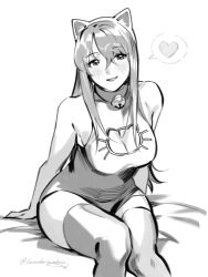  animal_ears bell cat_cutout cat_ears clothing_cutout collar greyscale heart highres long_hair monochrome muscular muscular_female on_bed original roarke_(lavenderincubus) signature smile  rating:Questionable score:7 user:danbooru