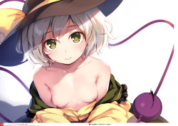 1girl :&gt; absurdres artist_name bare_shoulders blouse bow breasts breasts_apart closed_mouth collarbone eyeball eyelashes green_eyes green_hair hair_between_eyes hat hat_bow hat_ribbon heart heart-shaped_pupils highres ke-ta komeiji_koishi looking_at_viewer nipples non-web_source open_clothes open_shirt ribbon shirt short_hair small_breasts solo symbol-shaped_pupils third_eye title touhou translation_request white_background yellow_bow yellow_shirt rating:Questionable score:81 user:danbooru