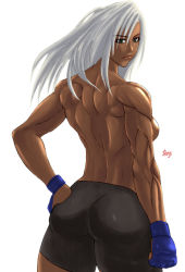 1girl ass back bike_shorts breasts dark-skinned_female dark_skin female_focus fingerless_gloves from_behind gloves green_eyes hand_on_own_ass lips long_hair looking_back mixed_martial_arts muscular muscular_female solo tenji topless vanessa_lewis virtua_fighter white_hair rating:Questionable score:38 user:FutaCocK