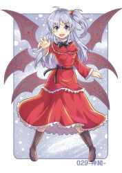  1girl blue_eyes boots bow breasts colonel_aki commentary_request dress foreshortening full_body galaxy grey_hair hair_bobbles hair_ornament long_hair looking_at_viewer multiple_wings open_mouth outstretched_hand red_dress side_ponytail small_breasts smile solo standing star_(sky) touhou translation_request wings yumeko_(touhou) 
