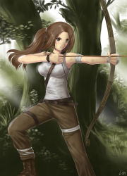  1girl absurdres archery arrow_(projectile) bandages bandaged_arm bandaged_hand bandaged_leg bandages belt black_belt blush boots bow_(weapon) breasts brown_eyes brown_hair concentrating cross-laced_footwear dirty dirty_face female_focus grass highres lace-up_boots lara_croft leaves long_hair medium_breasts moss pixiv_tomb_raider_contest plant ponytail shirt solo sunlight tomb_raider tomb_raider_(reboot) tree trousers watermark weapon white_shirt xiao_lian  rating:Sensitive score:8 user:QuietWalker