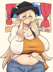 1girl apron belly black_hat blonde_hair blush breasts cleavage clothes_lift cloud covered_erect_nipples curtains denim faucet flashing hair_between_eyes hat hidden_star_in_four_seasons highres jeans large_breasts lifted_by_self long_sleeves looking_at_viewer matara_okina midriff mole mole_on_collarbone naughty_face navel notnoe_(dxcl) orange_apron pants plump shirt shirt_lift simple_background sink smile solo stomach tabard touhou white_shirt yellow_eyes